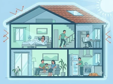 家全体の断熱対策によって熱を遮断し、どの部屋にいても涼しく快適に過ごせている様子を表すイラスト