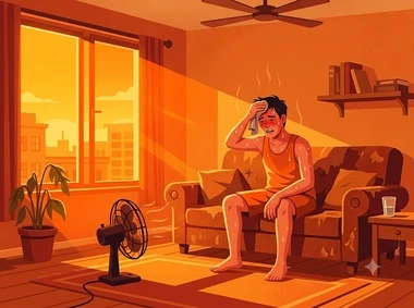 強烈な西日が差し込み、暑さで居心地が悪くなっているリビングの様子を表すイラスト